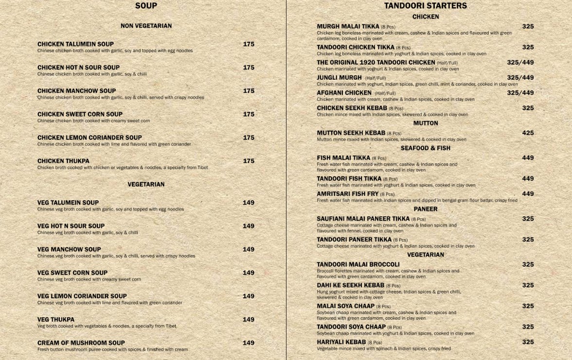 Soup and tandoori menu